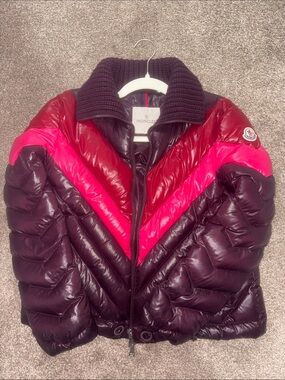 Moncler Women's Burgundy and Hot Pink Chevron Down Puffer Jacket